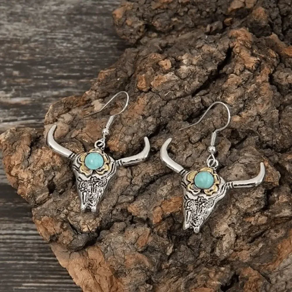 Western Cowboy Turquoise Longhorn Bull Steer Head Dangle Earrings